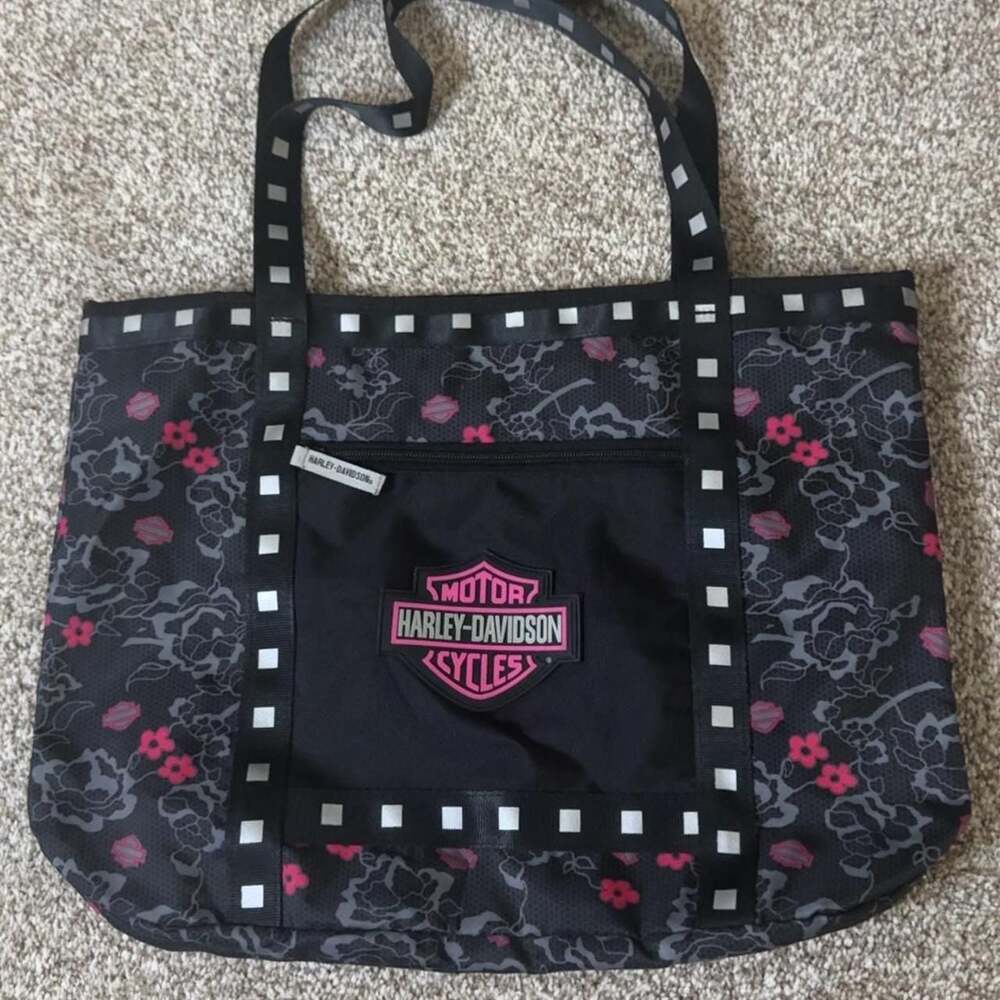 Harley-Davidson Pink Floral and Lips Print Tote Bag